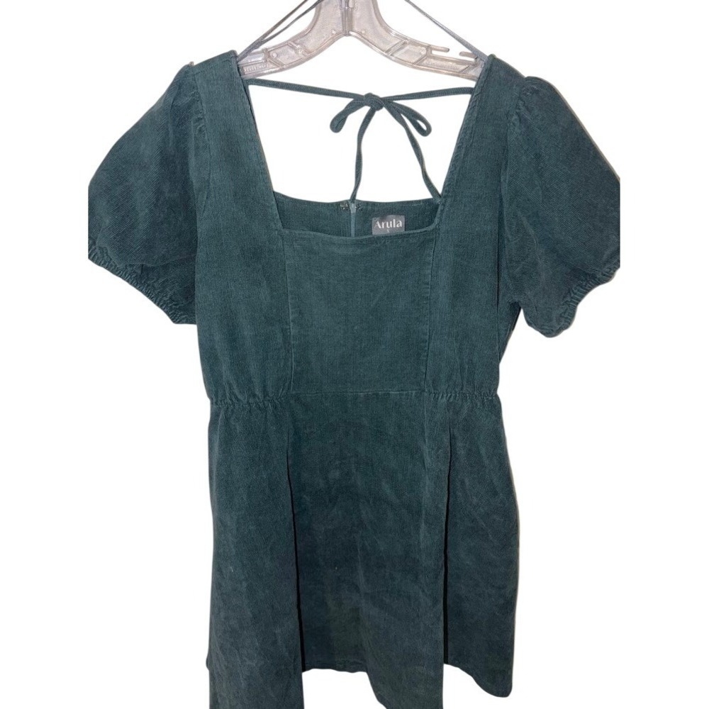 Arula Green Corduroy‎ Mini Dress Square Neck Puff Sleeve Size X